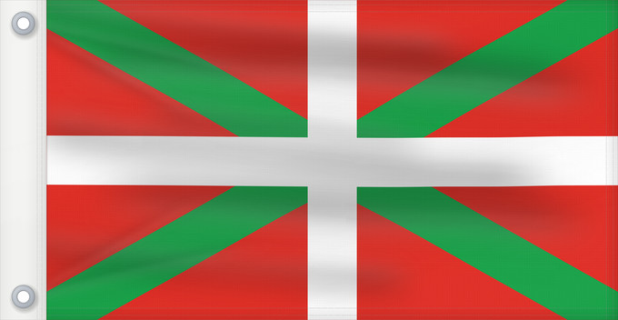 Bandera, con dos ojales metálicos y lado del asta reforzado: Basque Country	Autonomous region of the Basque Country A white cross over a green saltire on a red field	Basque Country	Ikurriña Bandera de la Comunidad autónoma del País Vasco	Autonomen Region Baskenland Ein weißes Kreuz über grünem Andreaskreuz auf rote