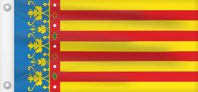 Bandera, con dos ojales metálicos y lado del asta reforzado: Land of Valencia official Land of Valencia, 1 2 ratio Valencia Community Comunidad Valenciana, proporciones 1 2 Valencian Community Comunità Valenciana D o Comunidat Balenziana Comunidá Valenciana Comunitat Valenciana, proporcions 1 2 Valentziako Erkideg