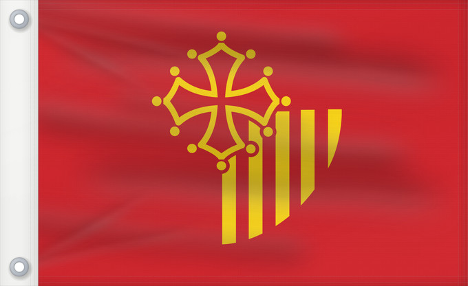 Flagge, mit zwei Metallösen und verstärktem Besatzband: Languedoc-Roussillon	, until 2004, of the region Languedoc-Roussillon in France	Région Languedoc-Roussillon en France jusqu en 2004	Languedoc-Rosellón o Lenguadoc-Rosellón	Linguadoca-Rossiglione