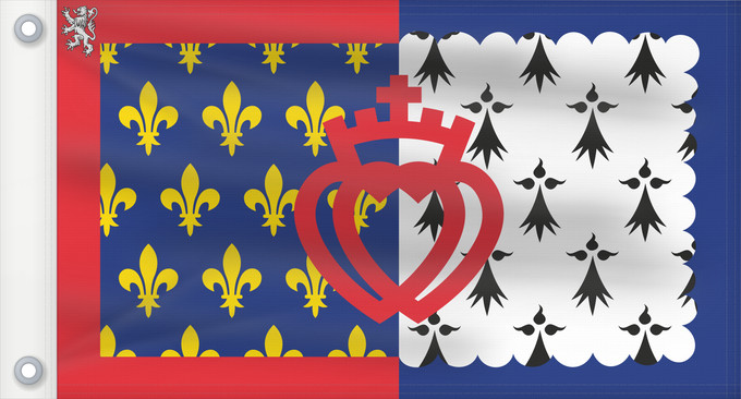 Flagge, mit zwei Metallösen und verstärktem Besatzband: Unofficial flag of Pays-de-la-Loire	Unofficial flag of the region Pays-de-la-Loire in France	Non officiel de la région Pays-de-la-Loire	Países del Loira	Pays de la Loire	Los Païses de Léger