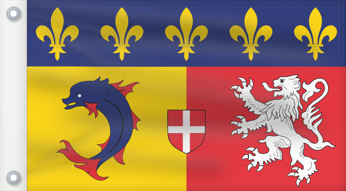 Flagge, mit zwei Metallösen und verstärktem Besatzband: Rhône-Alpes	Region Rhône-Alpes in France	Région Rhône-Alpes en France	Ródano-Alpes	Rodano-Alpi	Franse regio Rhône-Alpes