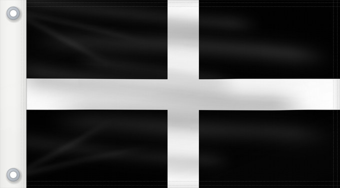 Bandera, con dos ojales metálicos y lado del asta reforzado: Cornwall	Saint Piran s Flag, Flag of Cornwall	Saint Piran, Drapeau des Cornouailles	Cornualles	Cornovaglia	Cornwealla fana	Banniel Sant Piran	Cernyw	Chorn	Peran, Baner Kernow	Cornubiae