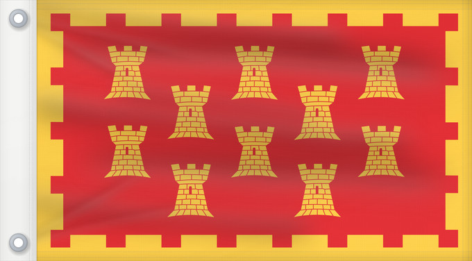 Bandera, con dos ojales metálicos y lado del asta reforzado: Unofficial County Flag of Greater Manchester	The County Flag of Greater Manchester is composed of ten golden castles  arranged in rows of 3-2-3-2  on a red background	Manchester