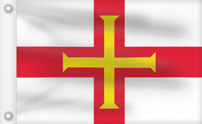 Bandera, con dos ojales metálicos y lado del asta reforzado: Guernsey	Guernesey	Guernsey (Kanalinsel)	Couleu de Guernési	Ynys y Garn