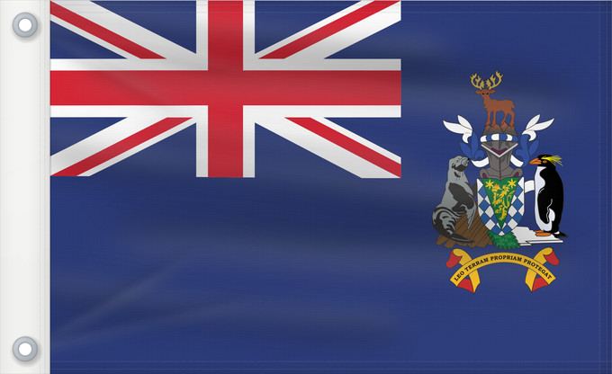 Drapeau, avec deux œillets métalliques et guindant renforcé : South Georgia and the South Sandwich Islands	Géorgie du Sud-et-les Îles Sandwich du Sud	Islas Georgias del Sur y Sandwich del Sur	Südgeorgien und die Südlichen Sandwichinseln	Georgia del Sud e isole Sandwich del Sud