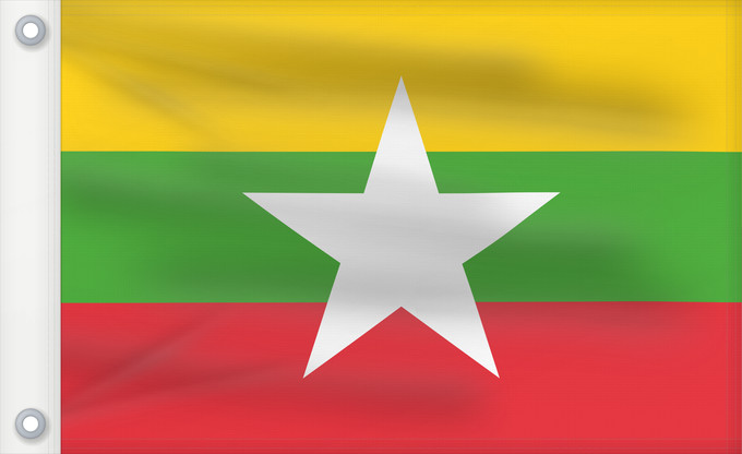 Flagge, mit zwei Metallösen und verstärktem Besatzband: Myanmar Myanmar (Burma) Birmanie Es Birmania Birmania Myanmar Birma Mianmar علم ماينمار মায়ানমারের জাতীয় পতাকা মায়ানমারর ফিরালহান Myanmars flag Tidligere Burma Mjanmao म्यान्मार का ध्वज 미얀마의 국기 Mianmaro မြန်မာနိုင်ငံ အလံတော် Флаг Мьянмы Mjanmarska Mj
