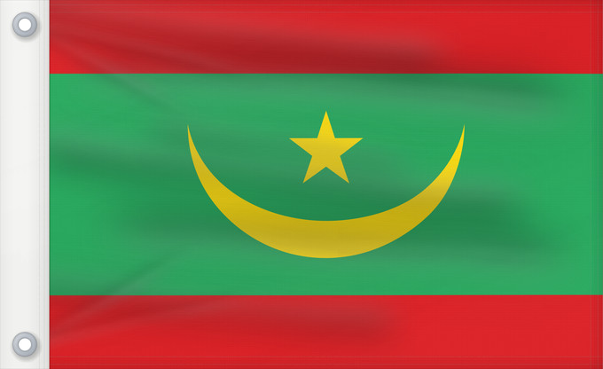Flag, with two metal eyelets and reinforced hoist: Mauritania	Mauritanie	La Asamblea Nacional de Mauritania aprobó cambiar el diseño de la bandera nacional	Mauretanien	علم موريتانيا ، اعتمد في عام 2017. أضاف مجلس الأمة خطوطًا حمراء على الحافة العلوية والسفلية لتمثل  دماء شهداء الاستقلال