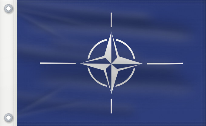 Flag, with two metal eyelets and reinforced hoist: NATO	North Atlantic Treaty Organization  NATO	L Organisation du traité de l Atlantique nord  OTAN	Organización del Tratado del Atlántico Norte  OTAN	Organizazione/ North Atlantic Starts Treaty	Dell Organizzazione del Trattato dell Atlantico del Nord  NATO