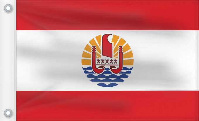 Bandera, con dos ojales metálicos y lado del asta reforzado: French Polynesia Polynésie française Polinesia Francesa Französisch-Polynesien Polinesia francese Polinèsia Francesa Reva nō Pōrīnetia farāni