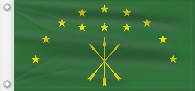 Drapeau, avec deux œillets métalliques et guindant renforcé : Adygea	Adygea, Russia	Adige	República de Adiguesia	Republik Adygeja	Repubblica di Adygea	Флаг Адыгеи	Прапор Адигеї