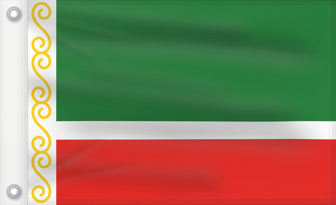 Drapeau, avec deux œillets métalliques et guindant renforcé : Chechen Republic	Chechenia	Tschetschenische	Cecenia	Байракх Нохчийн Республикан	Флаг Чеченской Республики	Парчами Ҷумҳурии Чеченистон	Стяг Чеченської Республіки Російської Федерації