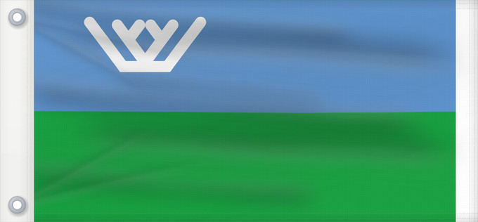Drapeau, avec deux œillets métalliques et guindant renforcé : Yugra Khanty-Mansi Autonomous Okrug Le district autonome des Khantys-Mansis Iougra distrito autónomo de Janti-Mansi - Yugra Autonome Kreis der Chanten und Mansen Флаг Ханты-Мансийского автономного округа — Югры