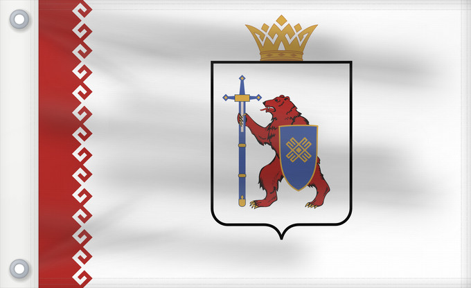 Drapeau, avec deux œillets métalliques et guindant renforcé : Mari El	République des Maris ou Mari El 	Mari-El (o Cheremia) 	Republik Mari El	Mari El Repubblica	Мари Эл ялавĕ	Марий Элын тистыже	Государственный флаг Республики Марий Эл