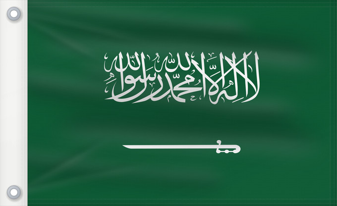 Flag, with two metal eyelets and reinforced hoist: Civil Ensign of Saudi Arabia  obverse	Saudi Arabia	Arabie saoudite	Arabia Saudita	Saudi-Arabien	الشعار المدني في الأعلى على الركن الأيمن للعلم، ومعدل التناسب ٢ ٣