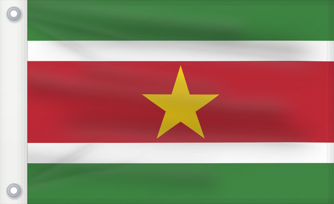Flag, with two metal eyelets and reinforced hoist: Suriname Surinam সুরিনামের জাতীয় পতাকা Surinamo Fan Suriname सूरीनाम का ध्वज Bendéra Suriname Surinamiae Vun Surinam Unancha Surinam Styago Suriname Флаг Суринама Surinama Fraga fu den Ripoliku Sranan פאן סורינאםס