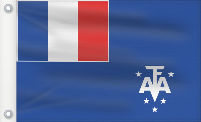 Bandera, con dos ojales metálicos y lado del asta reforzado: French Southern and Antarctic Lands	En French Southern and Antarctic Lands	Terres australes et antarctiques françaises	Administrador Superior de los Territorios Australes Franceses	Französische Süd- und Antarktisgebiete	Territori francesi meridionali	Fran