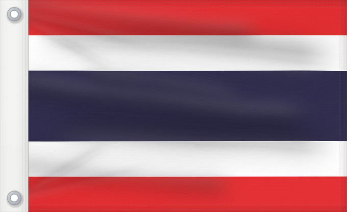 Bandera, con dos ojales metálicos y lado del asta reforzado: Thailand The national flag of Kingdom of Thailand; there are total of 3 colours Red represents the blood spilt to protect Thailand’s independence and often more simply described as representing the nation Thaïlande Tailandia desde el año 2017; hay en tota