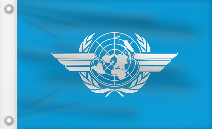 Bandera, con dos ojales metálicos y lado del asta reforzado: ICAO	International Civil Aviation Organization	L Organisation de l aviation civile internationale