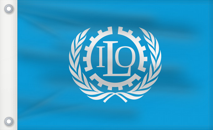 Drapeau, avec deux œillets métalliques et guindant renforcé : ILO	International Labour Organization	Organisation internationale du travail	Internationale Arbeitsorganisation	Dell Organizzazione Internazionale del Lavoro