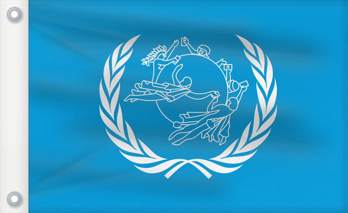 Bandiera, con due occhielli metallici e lato dell'asta rinforzato: UPU	Universal Postal Union	L Union postale universelle	Weltpostverein	Dell Unione Postale Universale	Прапор Всесвітнього поштового союзу
