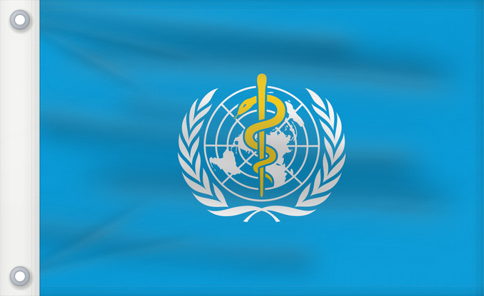 Drapeau, avec deux œillets métalliques et guindant renforcé : WHO World Health Organization L Organisation mondiale de la santé 世界衛生組織的旗幟。