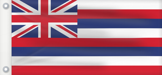 Flagge, mit zwei Metallösen und verstärktem Besatzband: Hawaii	D Hawaï	Hawái	Banniel Hawaii	ᎭᏩᏱ ᎦᏓᏘ	Ka hae Hawaiʻi	夏哇夷 州의 旗 / 하와이 주의 기	Havaii	Hawáai Hahoodzo bidah naatʼaʼí	Флаг Гавайев	Američke savezne države Havaji