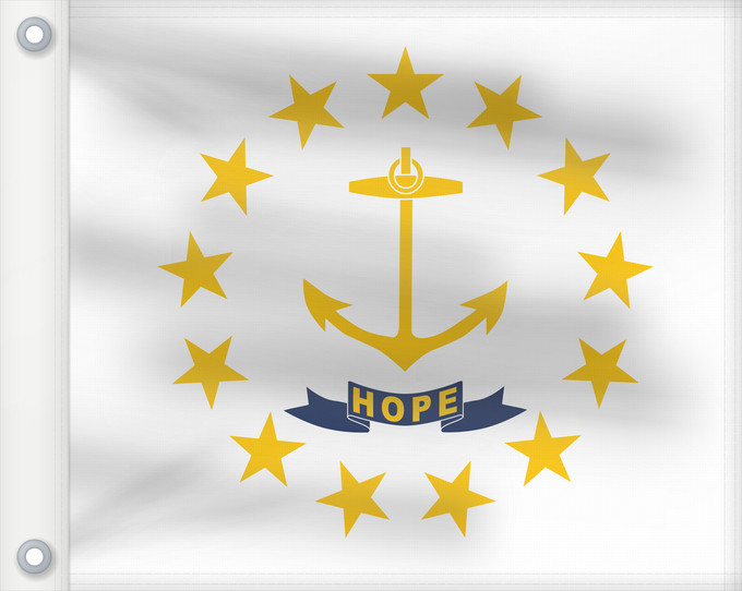 Bandiera, con due occhielli metallici e lato dell'asta rinforzato: Rhode Island Rhode Island and Providence Plantations Rhode Island et plantations de Providence Rhode Island y plantaciones de Providence Stato del Rhode Island e le Piantagioni di Providence Stanowa Rhode Island ᎤᏍᏗ ᏧᎦᏚᏛᎢ ᎦᏓᏘ Ka hae Loke ‘Ailana Rhodensis