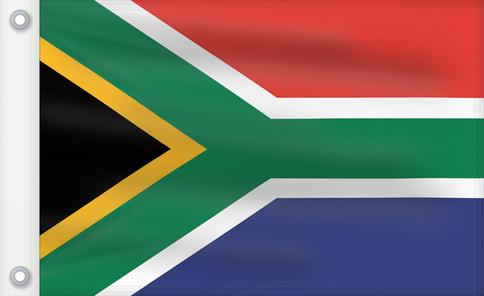 Bandera, con dos ojales metálicos y lado del asta reforzado: South Africa	Afrique du Sud	Sudáfrica	Südafrika	Sudafrica	South África Used color National flag | South African Government and Pantone Color Picker      green rendered as RGB 000 119 073Pantone 3415 C      yellow rendered as RGB 255 184 028Pantone 1235 C 