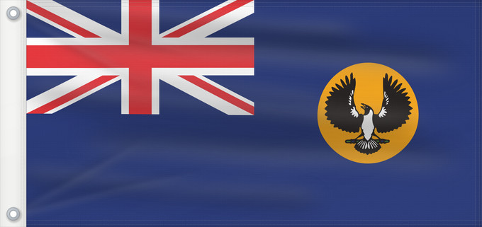 Bandera, con dos ojales metálicos y lado del asta reforzado: South Australia Australie-Méridionale Australia Meridional