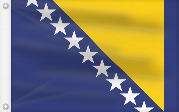 Drapeau, avec deux œillets métalliques et guindant renforcé : Bosnia and Herzegovina	Bosnie-Herzégovine	Bosnia y Herzegovina	Bosnien und Herzegowina	Bosnia-Erzegovina	Bosnië en Herzegovina	Bośni i Hercegowiny	علم البوسنة والهرسك	Bosne i Hercegovine	Bosny a Hercegoviny	Боснꙑ ꙁнамѧ / Ⰱⱁⱄⱀⱏⰺ ⰸⱀⰰⰿⱔ	Bosnien-Hercegovinas	