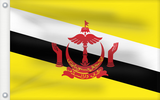 Bandera, con dos ojales metálicos y lado del asta reforzado: Brunei	Brunei Darussalam	Brunéi	علم بروناي	Bruneis	Brunein	브루나이의 국기	Bruney	Brunei / بنديرا بروني	ဘရူနိုင်းနိုင်ငံ၏ အလံတော်	Флаг Брунея	Bruneja	புரூணை கொடி	ธงชาติบรูไนดารุสซาลาม	Watawat Brunay	Cờ Brunei	​文莱国旗