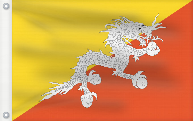 Bandera, con dos ojales metálicos y lado del asta reforzado: Bhutan Bhoutan Bután Butão علم بوتان ভূটানের পতাকা ཧྥ་རན་ས་ཀྱི་དར་ཆ། Bhutani lipp Bhutanin Watawat ng Bhutan भूटान का ध्वज Флаг Бутана Butana Bhutans Bhutanu ธงชาติ ประเทศภูฏาน