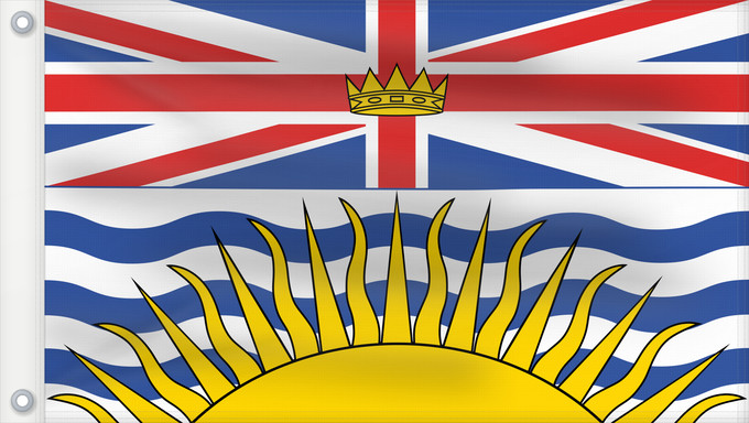 Bandera, con dos ojales metálicos y lado del asta reforzado: British Columbia	Colombie-Britannique	Columbia Británica	Columbia Britannica	Banniel proviñs Kolombia Vreizhveuriat  British Columbia