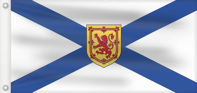 Drapeau, avec deux œillets métalliques et guindant renforcé : Nova Scotia Nouvelle-Écosse Nueva Escocia Banniel proviñs Skos-Nevez Nova Scotia