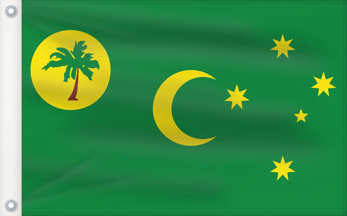Bandera, con dos ojales metálicos y lado del asta reforzado: Cocos  Keeling  Islands	Cocos (Keeling) Islands	îles Cocos, utilisation non-officielle. Ratio 1 2	Islas Cocos	Kokosinseln	Isole Cocos	La Kokosinsuloj, uzo ne oficiala