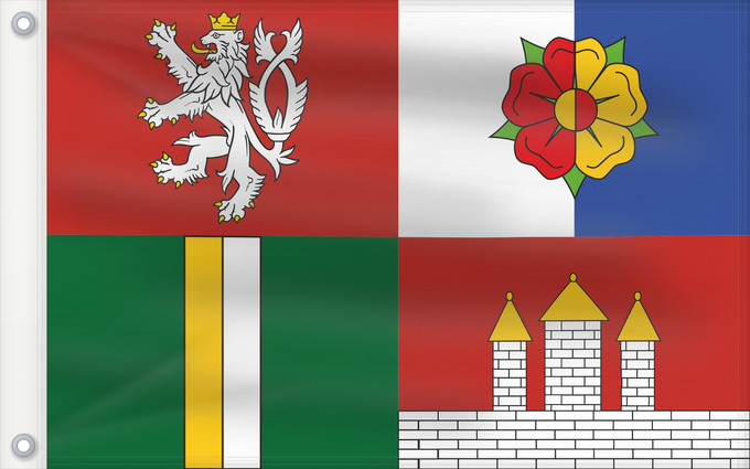 Bandera, con dos ojales metálicos y lado del asta reforzado: South Bohemian Region	Région de Bohême du Sud	Südböhmische Region