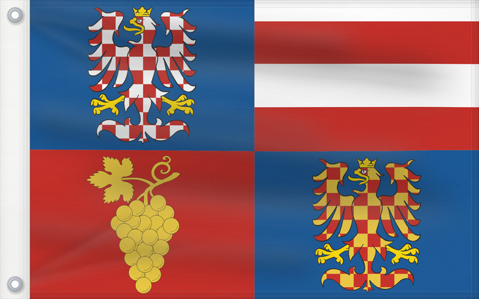 Bandera, con dos ojales metálicos y lado del asta reforzado: South Moravian Region	Région de Moravie du Sud)	Región de Moravia Meridional	Südmährische Region	Moravia meridionale	Jihomoravského kraje