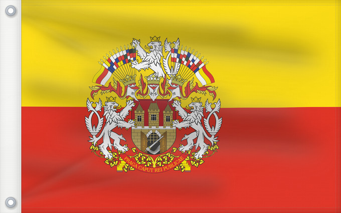Flagge, mit zwei Metallösen und verstärktem Besatzband: Prague flag with CoA Prague flag with coats of arms Prague Praga Prahy se znakem Prahy