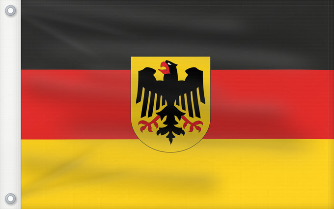 Bandera, con dos ojales metálicos y lado del asta reforzado: Germany  state	Bundesdienstflagge  Flag of the federal authorities of Germany	Allemagne	La Bundesdienstflagge está reservada para las autoridades federales alemanas	Die Bundesdienstflagge ist den deutschen Bundesbehörden vorbehalten	Germania