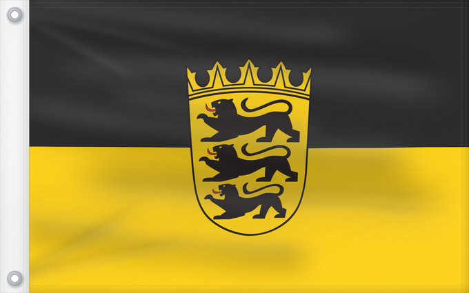 Bandera, con dos ojales metálicos y lado del asta reforzado: Baden-Württemberg state, lesser arms State flag with lesser arms of Baden-Württemberg Bade-Wurtemberg Baden-Wurtemberg[ Landesdienstflagge Baden-Württembergs mit kleinem Landeswappen Baden-Württemberg