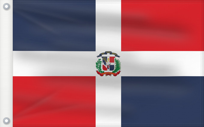 Bandera, con dos ojales metálicos y lado del asta reforzado: Dominican Republic	Dominican Republic has a centered white cross that extends to the edges	République dominicaine	Republica Dominicana	Dominikanischen Republik hat ein zentriertes weißes Kreuz	Repubblica Dominicana	Dominicaanse Republiek	Nacional da Repúb