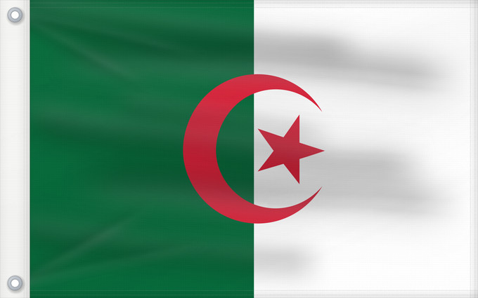 Bandera, con dos ojales metálicos y lado del asta reforzado: Algeria L Algérie Argelia Algerien Dell Algeria Algerije Argélia Algierii Vo Algérie علم الجزائر Σημαία της Αλγερίας Alĝerio Algerian דגל אלג יריה Algéria Aljazair アルジェリアの国旗 Asenǧaq n Dzayer 알제리의 국기 Drapèu d Argeria Флаг Алжира Alžirije Algeriets ⴰⵏⴰⵢ ⴰⴷⵣ