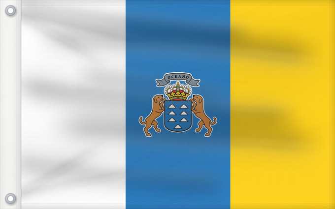 Bandera, con dos ojales metálicos y lado del asta reforzado: Canary Islands Communauté autonome des îles Canaries Espagne Comunidad Autónoma de Canarias España Kanarischen Inseln Isole Canarie カナリア諸島自治州の州旗。