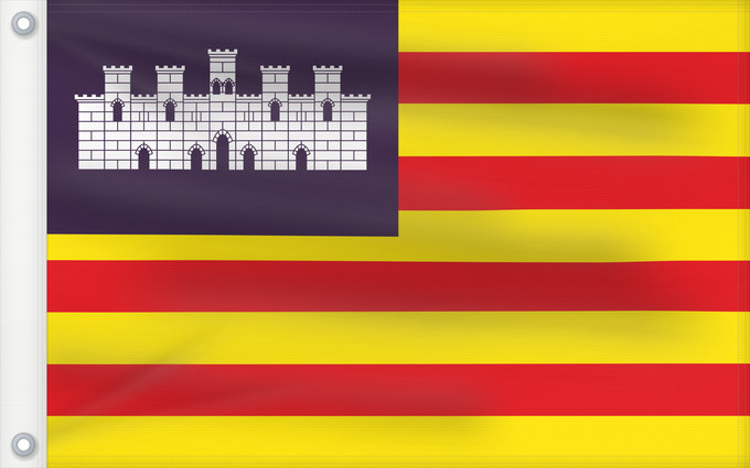 Drapeau, avec deux œillets métalliques et guindant renforcé : Balearic Islands	Balearic Islands, Spain	Îles Baléares, Espagne	Islas Baleares, España	Balearic Islands	Isole Baleari	Balearów, Hiszpania