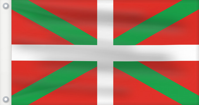 Bandera, con dos ojales metálicos y lado del asta reforzado: Basque Country	Autonomous region of the Basque Country A white cross over a green saltire on a red field	Basque Country	Ikurriña Bandera de la Comunidad autónoma del País Vasco	Autonomen Region Baskenland Ein weißes Kreuz über grünem Andreaskreuz auf rote