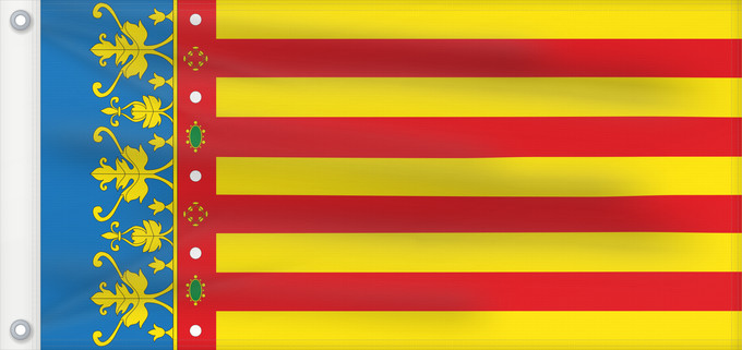 Bandera, con dos ojales metálicos y lado del asta reforzado: Land of Valencia official Land of Valencia, 1 2 ratio Valencia Community Comunidad Valenciana, proporciones 1 2 Valencian Community Comunità Valenciana D o Comunidat Balenziana Comunidá Valenciana Comunitat Valenciana, proporcions 1 2 Valentziako Erkideg