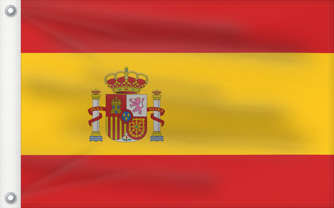 Bandera, con dos ojales metálicos y lado del asta reforzado: Spain	Espagne	España	Spaniens	Spagna