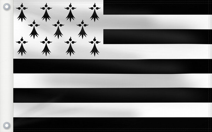 Bandera, con dos ojales metálicos y lado del asta reforzado: Brittany	The Gwenn-ha-du, flag of Brittany	Le Gwenn-ha-du, drapeau de la Bretagne	Spaniel Bretón	Bretagna	Ar Gwenn-ha-du, banniel Breizh