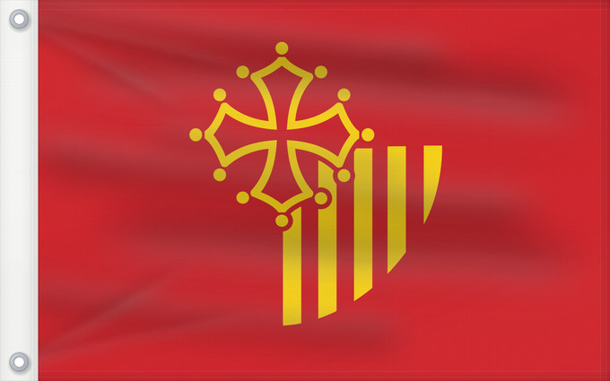 Flagge, mit zwei Metallösen und verstärktem Besatzband: Languedoc-Roussillon	, until 2004, of the region Languedoc-Roussillon in France	Région Languedoc-Roussillon en France jusqu en 2004	Languedoc-Rosellón o Lenguadoc-Rosellón	Linguadoca-Rossiglione