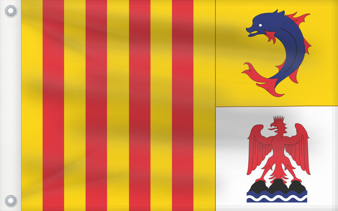 Bandera, con dos ojales metálicos y lado del asta reforzado: Provence-Alpes-Côte d Azur	Alpes-Côte d'Azur	Région Provence-Alpes-Côte d Azur	Provenza-Alpes-Costa Azul 	Provence-Alpes-Côte d’Azur	Provenza-Alpi-Costa Azzurra	Banniel rannvro Provence-Alpes-Côte d Azur  pe Provañs-Alpoù-Aod an Azur